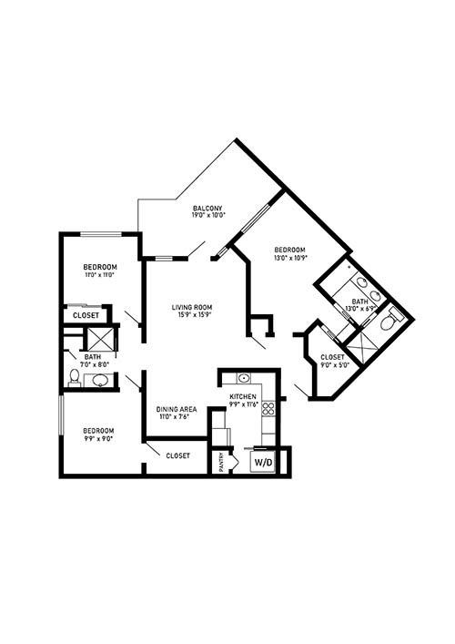 Floorplan of Redwood 3 bed and 2 bath apartment